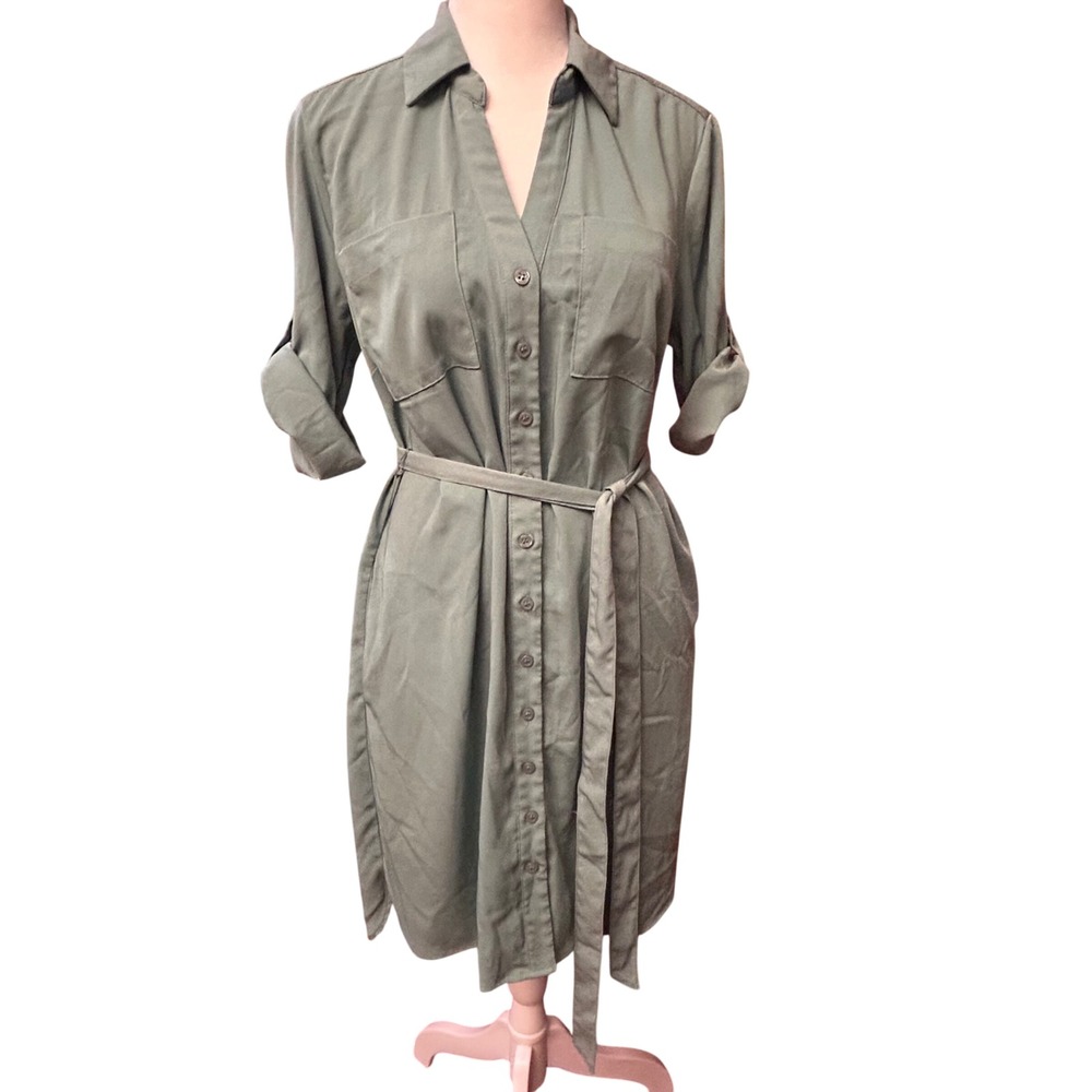 New York & Co Shirt Dress S Tie Waist Roll Tab Sleeve Button Front Safari